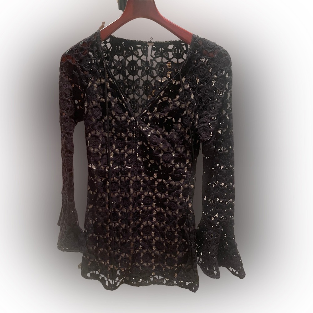 Free People Black Crochet Bell Sleeve Mini Dress –size 2